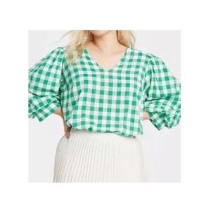 A‎ NEW DAY Women's Balloon Sleeve Green White Gingham Top Size 2X